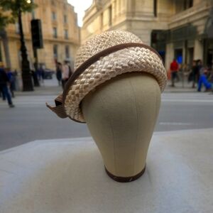 Womens Natural Raffia High Crown Boater Straw Hat Woven Straw Brown Bow One-Size